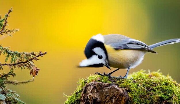 Small crested tit bird with distinctive black and white head crest perched on moss-covered wooden stump, pine branch
