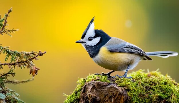 Small crested tit bird with distinctive black and white head crest perched on moss-covered wooden stump, pine branch
