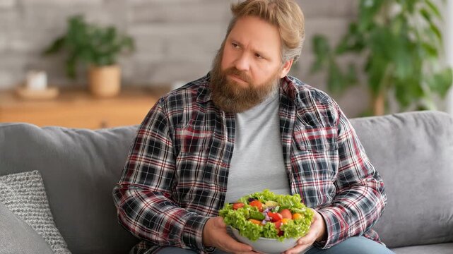 A obese, overweight man thinks about his food, health, and salad. He weighs quantities and nutrients on a couch at home.