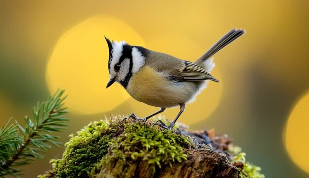 Small crested tit bird with distinctive black and white head crest perched on moss-covered wooden stump, pine branch
