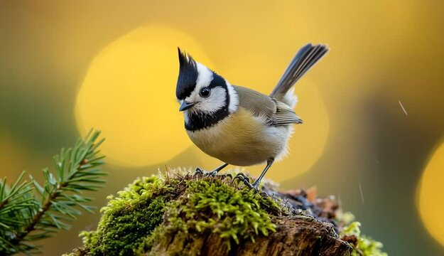 Small crested tit bird with distinctive black and white head crest perched on moss-covered wooden stump, pine branch
