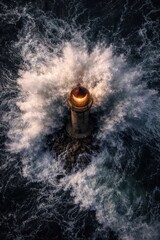 Lighthouse Beaming Light Amidst Crashing Storm Waves. AI Generated