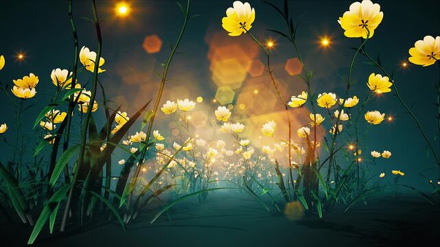 Walking through a magical garden filled with dreamy yellow flowers, loop video material