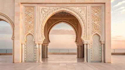 Obraz premium Intricate Islamic Archway Leading to the Ocean at Sunset.