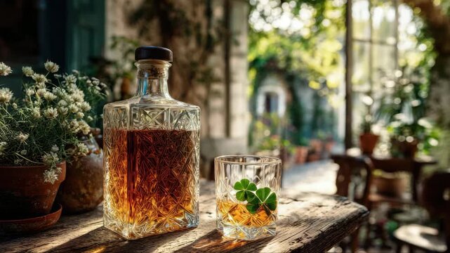 Glass of whiskey with clover leaf beside a crystal decanter on a rustic wooden table in a sunlit garden setting, showcasing the drink and decor in detail