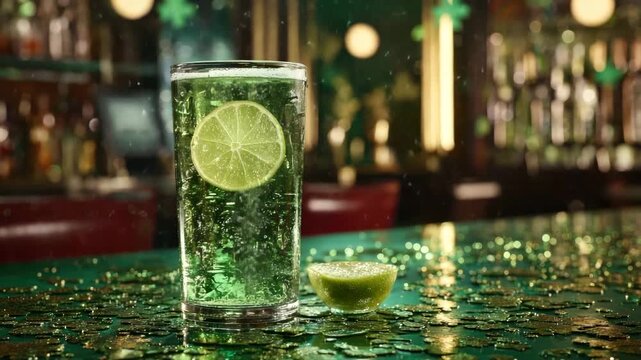 Refreshing green beverage with lime slice sits on a festive bar top scattered with gold coins and decorations, showcasing vibrant colors and textures in a lively setting