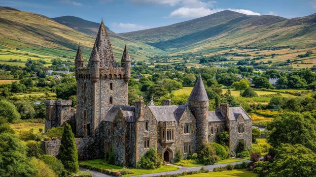 Majestic stone castle with turrets and towers surrounded by lush green hills and valleys, showcasing architectural details and scenic landscape in a continuous view