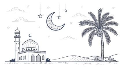 Ramadan Kareem greeting card with mosque crescent moon stars and palm tree illustration.