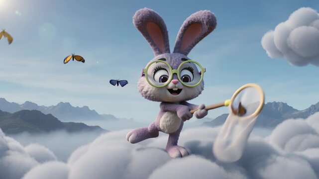 A hare jumps in the clouds with a magic butterfly net
