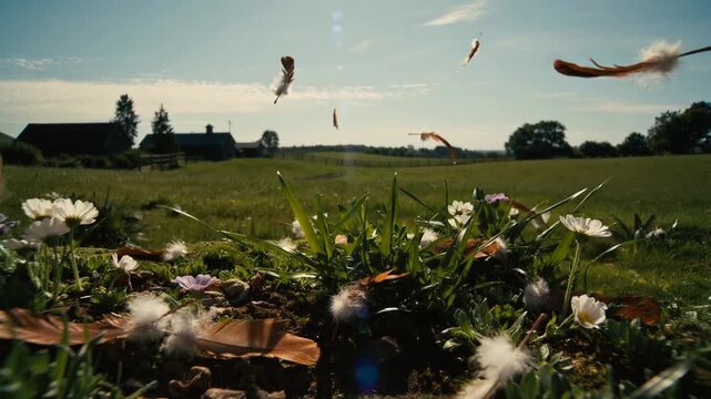 Chicken feathers fly slowly falling to the ground