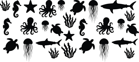 Ocean animal silhouettes pattern, marine life icons collection, shark turtle octopus jellyfish seahorse starfish elements, underwater nature theme, black vector illustration © MstFatema