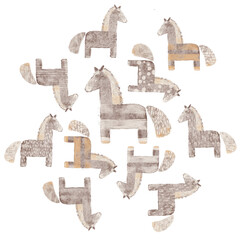 Whimsical little horses illustration. Hand-drawn stylized animal illustration