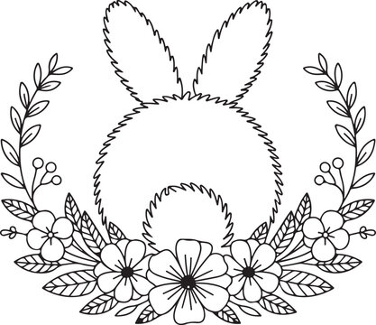 Bunny back with flowers wreath and leaves. Spring or easter rabbit outline
