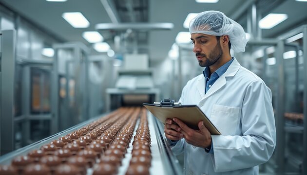 Factory worker in hairnet and white coat checks chocolate candies on conveyor belt. Man with clipboard oversees sweet production process. Modern industrial confectionery plant.
