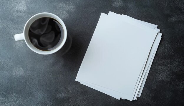 Top-down flat lay of blank white paper sheets stacked on dark gray concrete textured surface, white coffee mug with black coffee
