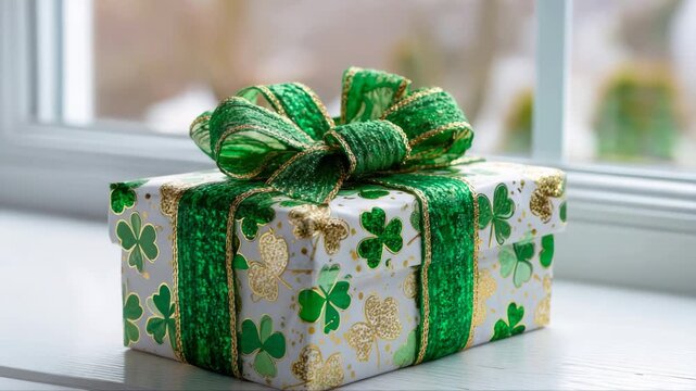 Decorative gift box wrapped in festive green and gold paper with shamrocks sits on a windowsill, showcasing intricate bow and vibrant colors in a bright setting