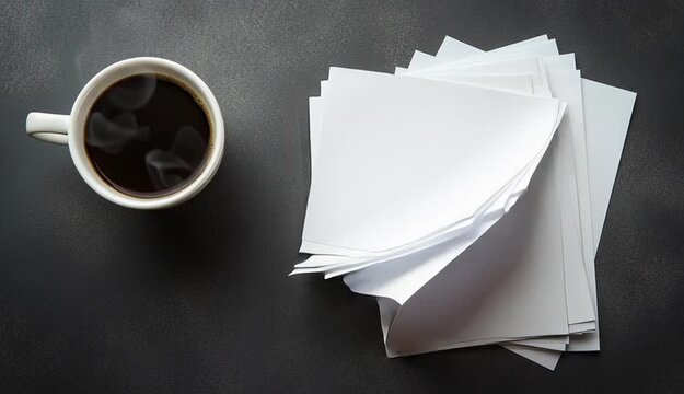 Top-down flat lay of blank white paper sheets stacked on dark gray concrete textured surface, white coffee mug with black coffee