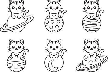 Cute cartoon cat sitting on planet saturn character adorable animal outline drawing for kids space concept