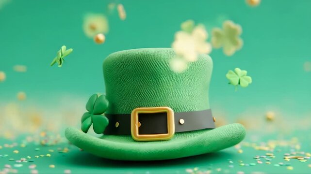 Green top hat adorned with shamrocks and golden confetti floats against a vibrant backdrop, showcasing festive elements in a playful St. Patrick's Day celebration scene