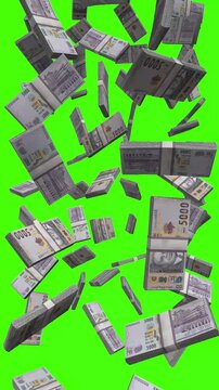 Vertical Malawian Kwacha bills falling on chromakey, MWK finance animation