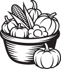 Autumn harvest basket with pumpkins corn seasonal food vegetables farming