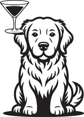 Dog with martini glass illustration in black and white style on checked background