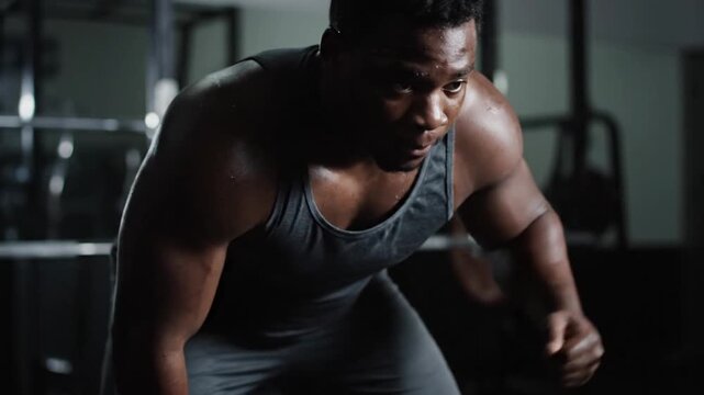 An intense moment of athletic exertion captured as a determined man pushes his limits during a strength training session in a dynamic gym environment