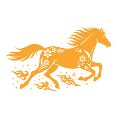 Golden galloping horse silhouette with floral patterns and fire mane vector art illustration