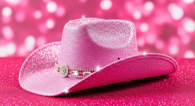 Pink glitter cowboy hat with rhinestone embellishment