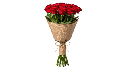 A bouquet of red roses with green leaves on transparent background