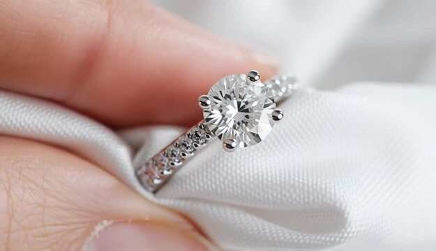 Close-up photograph of hands holding a diamond engagement ring on white soft fabric, elegant solitaire diamond ring with pave band, hands gently cradling white cloth with ring placed on top
