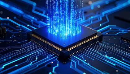 Digital Data Stream Erupting from CPU on a High-Tech Circuit Board