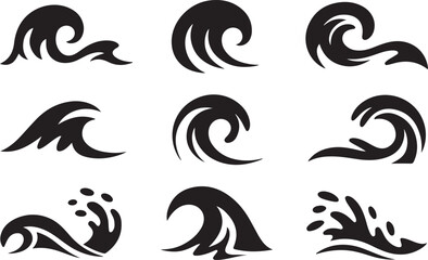 Set of ocean wave sea surge current flow ripple illustration line art icon