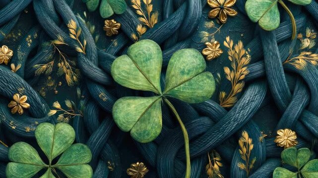 Vibrant green clovers intertwined with golden floral elements create a visually stunning pattern, showcasing the intricate details of nature in a beautifully arranged composition