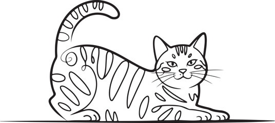 Lying tabby cat with high tail single continuous line art vector illustration