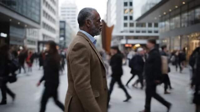 A distinguished, older businessman walks through a busy city street, exuding confidence and success