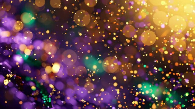 Vibrant kaleidoscope of multicolored light orbs in motion for festive backgrounds. Mardi Gras celebration