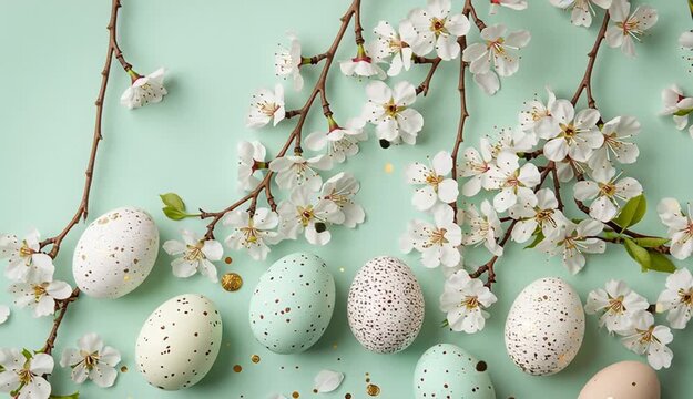 Easter eggs and spring cherry blossoms on light green background, top border composition, speckled eggs in white, turquoise green, and beige with brown spots