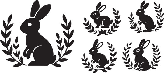 Collection of rabbit laurel wreath silhouettes on checkered pattern for logo designs