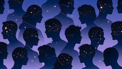 Fototapeta premium Abstract vector illustration of a dancing woman silhouette against a blue night sky galaxy featuring a glowing planet earth and celestial stars in a global space concept