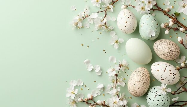 Easter eggs and spring cherry blossoms on light green background, top border composition, speckled eggs in white, turquoise green, and beige with brown spots