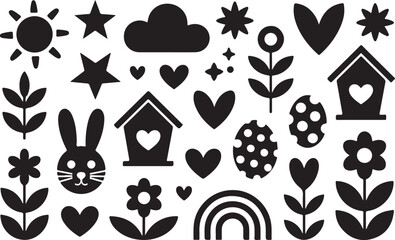 Set Spring Time Decorative Elements with Silhouettes of Animals Plants and Various Abstract Shapes