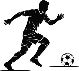 Naklejka premium Black silhouette of soccer player chasing ball in motion with uniform and cleats in minimal vector style for sports and athletic design themes.