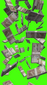 Vertical Syrian Pound bills falling on chromakey, SYP finance animation