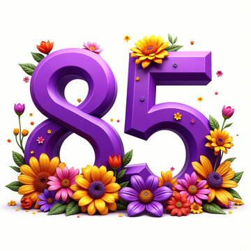 The number 85 is depicted in large, purple font surrounded by vibrant flowers on a white background, perfect for an 85th birthday card illustration.