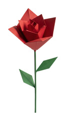 Red Paper Folded Rose Flower With Leaves displays artistic geometric shapes and romantic origami style perfect for valentine day gifts or deep passion and elegant love symbols