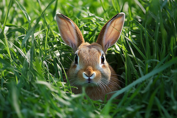 Generative ai image of wild rabbit sitting in green clover meadow surrounded by plants and flowers with soft natural light