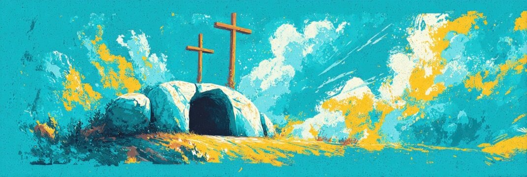 Religious illustration of empty tomb with crosses and stylized nature elements