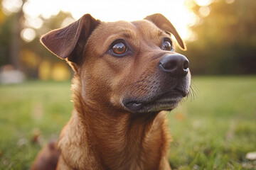 Obraz premium Generative ai image of happy friendly dog running through summer flower field with joyful expression in warm sunlight