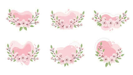 Pink Cherry Blossom Frames with Green Leaves - Spring Floral Design Elements